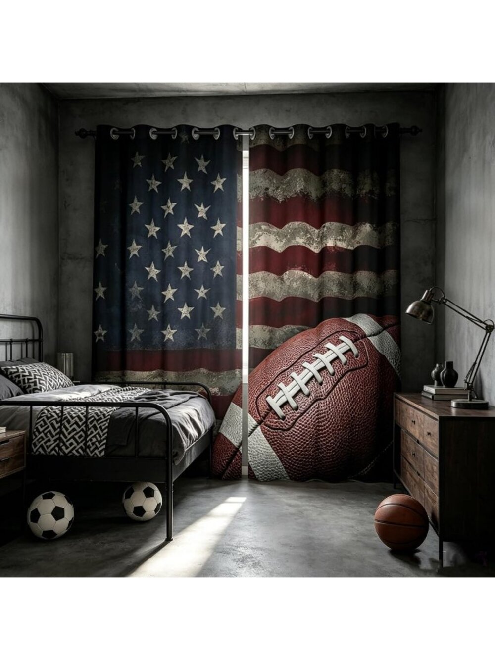 Patriotic American Flag Window Curtains | Boys Football Theme | 42"x84" Size